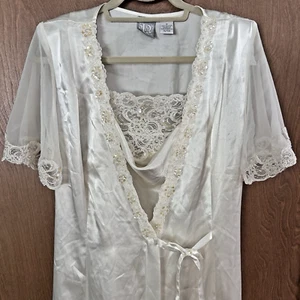 Vintage Med Satin Bridal Boudoir Long Nightgown Peignoir Set Pearls Sequins Lace - Picture 1 of 14