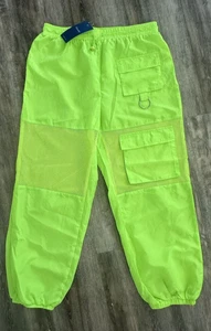 Floerns Neon Yellow Nylon Parachute Pants XL Mesh Pocket Detail NEW - Picture 1 of 7