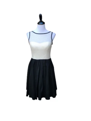 Aqua Mini Cocktail Dress SZ 6 Black White Net Lace Illusion Neckline Poof Pocket - Image 1 of 4