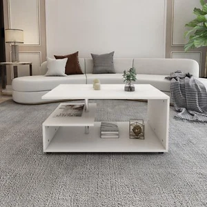 Mesa de centro blanca estilo moderno con barra decorativa de metal auxiliar café - Imagen 1 de 4