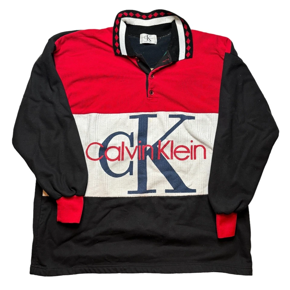 复古 90 年代 Calvin Klein 套衫男式 XL 红色黑色领运动衫罕见 — 第 1/3 张图片