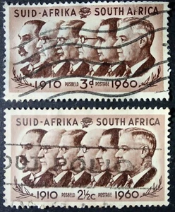 SOUTH AFRICA:- Two rare stamps (3d+2 1/2c) in honor of S.A.leaders 1910-1960 - Picture 1 of 2