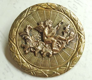 Cherub Playing a Mandolin ~ Massive XL Antique Brass Cupid Picture Button ~ 2" - Picture 1 of 5