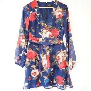 Lipsy London Navy Blue Red Floral Tiered Shear Sleeve Dress Size 6 - Picture 1 of 7