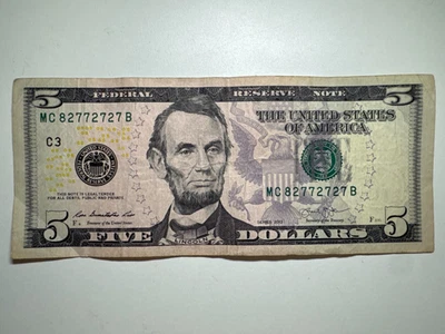 Rare $5 Dollar Bill Banknote Series 2013 Fancy Serial Number Trinary 82772727 - Image 1 of 3