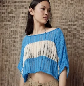 BDG URBAN OUTFITTERS Sweater Womens Medium Blue Stripe Sheer Serena Pullover Top - Picture 1 of 9