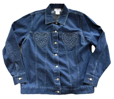 Quacker Factory Heart Rhinestone Beaded Jean Denim Jacket Coat Women’s Sz Large - Image 1 of 4