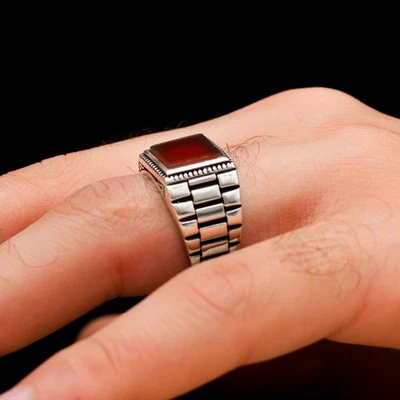 925 Sterling Silver Watch Band Design Square Agate Stone Handmade Men's Ring - Image 1 of 3