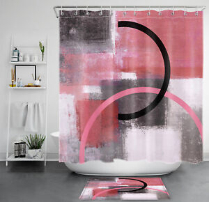 Modern Abstract Pink Geometric Black Grey Shower Curtain Set for Bathroom Decor