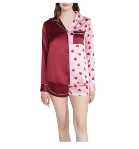 BB DAKOTA WOMEN'S PJ SET SZ LARGE (12-14) RED PINK HEARTS SHORTS BUTTON TOP - Picture 1 of 3