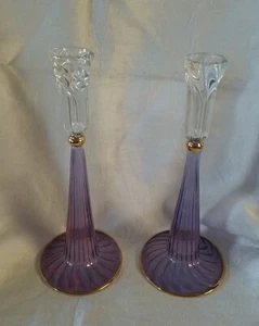 2 Murano? Venetian Candlesticks, 9" Beautiful Irridized Purple Gold Accents - Picture 1 of 9