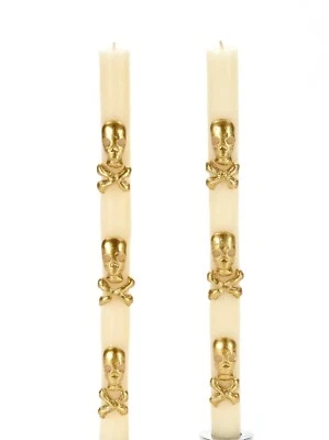 Juego de 2 VELAS CALAVERAS Y HUESOS CRUZADOS MacKenzie Childs Spooky 12" Decoración Halloween Foto 1 de 2