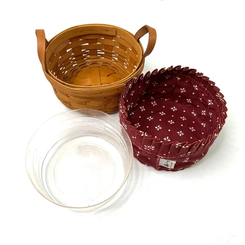 Vintage 1995 Longaberger Basket Round Leather Strap Handles Burgundy Liner Cover