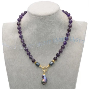 Natural Amethyst Purple Gems Beads Black Keshi Baroque Pearl Pendant Necklace - Picture 1 of 10