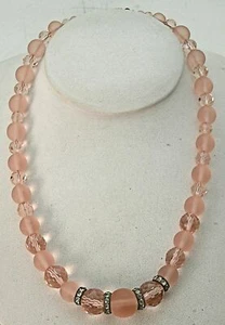 Art Deco Smooth Pink Camphor Glass & Faceted Bead Necklace w/Rhinestone Rondelle - Picture 1 of 5