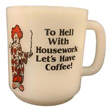 Vintage 1987 Glasbake Milk Glass Mug Cup Funny Housework Humor Novelty