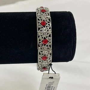 Vintage Cookie Lee Stretch Bracelet Red Rhinestones Silver Tone Brand New Tags - Picture 1 of 6