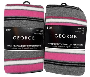 George Pink Grey White Tights Girls 7-10 Years Striped Heavyweight Cotton 2 Pack - Picture 1 of 4