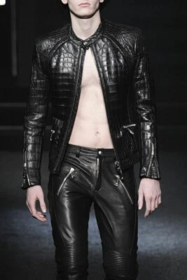 Men Crocodile Pattern Leather Jacket Black Men Leather Crocodile Biker Coat - Image 1 of 3