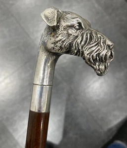 VINTAGE SOLID STERLING SILVER TERRIER & MAHOGANY WALKING CANE/STICK. - Picture 1 of 8