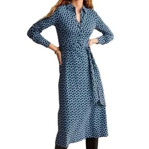 BODEN Laura Jersey Midi Shirt Dress, Blue, Geo Chain, Size 4L - Picture 1 of 12