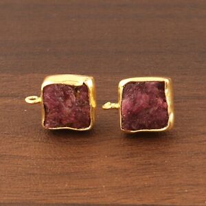 Rough Look Real Ruby 24K Gold Plated Stud Earring Connector For Mothers Day Gift