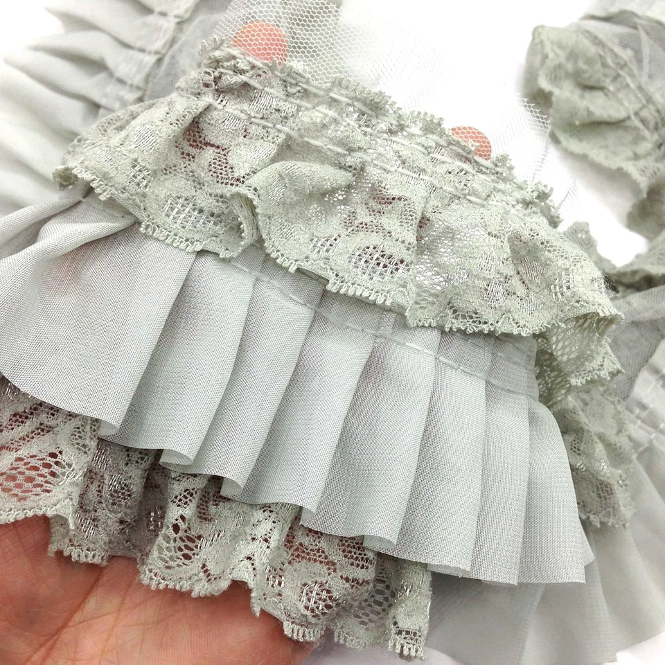 1 jarda cinza largura três camadas plissado tecido de chiffon bordado franja fita La - Imagem 1 de 4