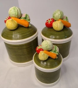 Vintage Ceramic Canister Set Garden Vegetables Hand Painted Ribbed Canisters - Picture 1 of 9