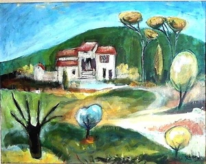 70s COLORFUL MODERN FAUVIST CUBIST LANDSCAPE AMERICAN Artist Sd. PERRY ORIG O/C - Picture 1 of 9