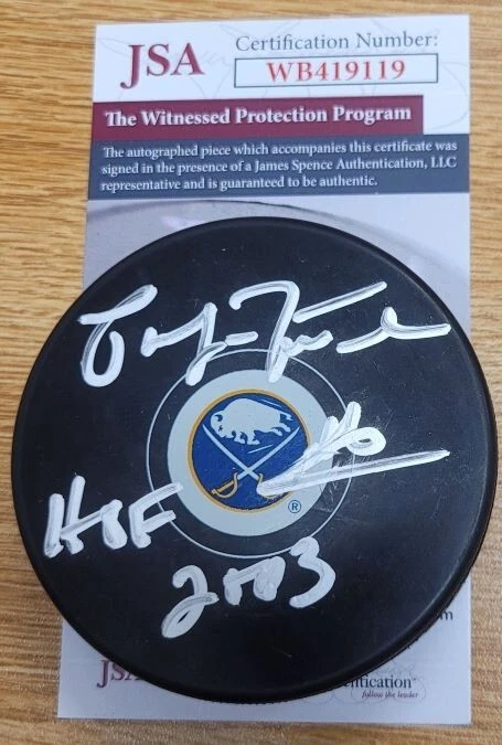 Disco de hockey autografiado PAT LAFONTAINE "HOF 2003" Buffalo Sabres JSA Witness certificado de autenticidad Foto 1 de 1