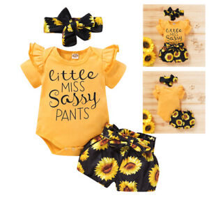 Newborn Baby Girls Sunflower Romper Jumpsuit Tops Shorts Headband Infant Outfits