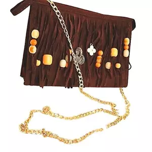 CROSSBODY BROWN Fringed Purse BOHEMIAN Luxury Gold Chain Charms Elise Gypsy Boho - Picture 1 of 14