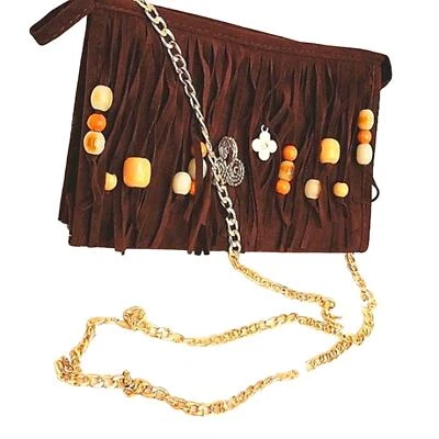 ЧЕРЕЗ ПЛЕЧО коричневый с бахромой сумочки богемский роскошь золотая цепочка подвески Elise Gypsy богемное - Изображение 1 из 4