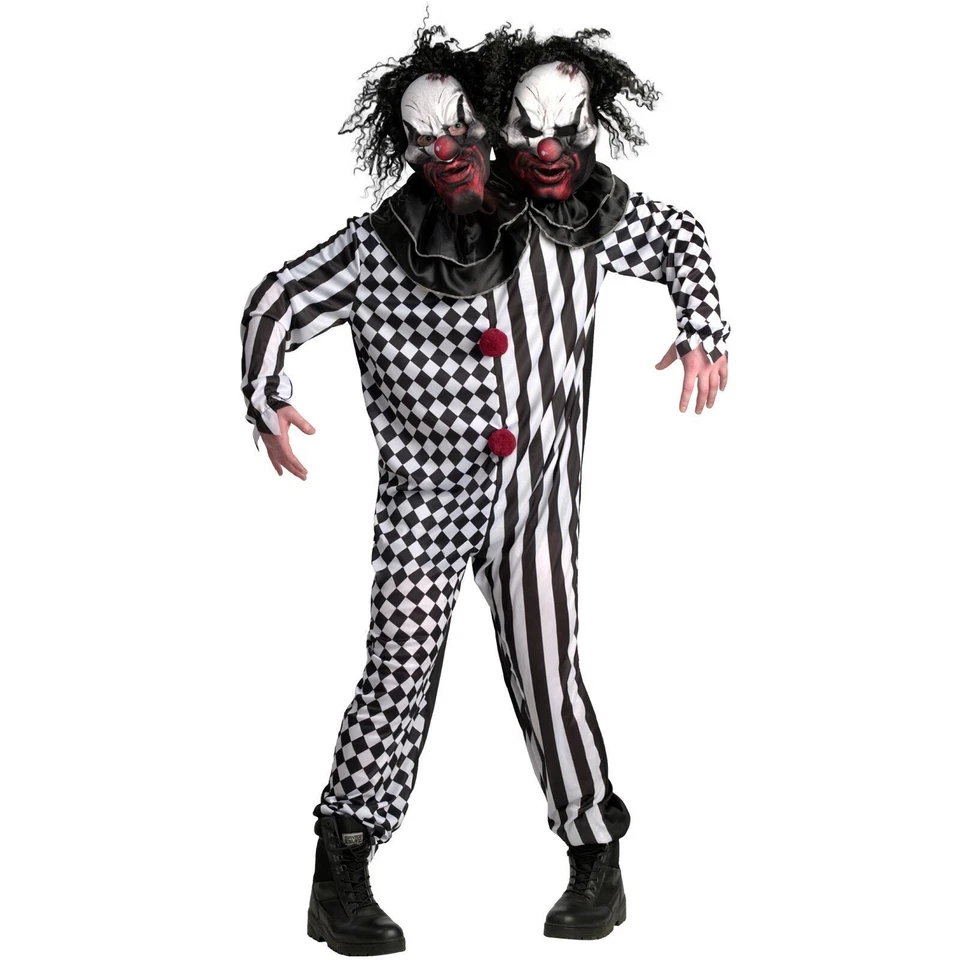 Adult 2 Headed Killer Clown Costume Mens Womens Scary Halloween Double Head Suit - Image 1 of 4