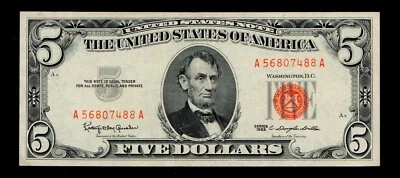 $5 1963 Red Seal United States Note lightly circulated condition (B86) - Image 1 of 2