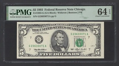 United States-Federal Reserve 5 Dollars 1993 Fr#1983-G (GA Block) UNC Grade 64 - Image 1 of 2