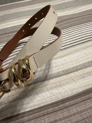 NWT Express Women’s White Leather Belt Size Small. Gold Tone Buckle - Image 1 of 4