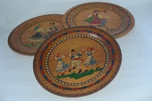 Three Vintage Hand-Painted Wooden Folk Plates Wall Art Ethnic Rustic Decoration - Picture 1 of 6