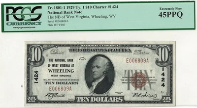 1929 WHEELING WV National Currency PCGS 45 PPQ $10 Bank Note - Extremely Fine!! - Image 1 of 3