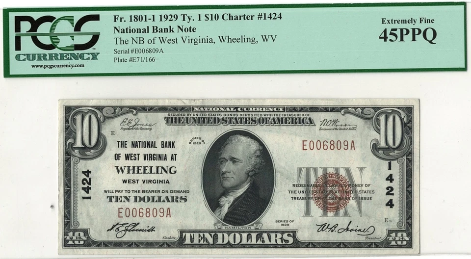 1929 WHEELING WV National Currency PCGS 45 PPQ $10 Bank Note - Extremely Fine!! - Image 1 of 3