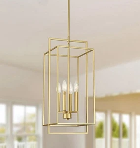 Soft Gold Farmhouse Chandelier Pendant Lantern with Geometric Design 4 Light 24” - Picture 1 of 5