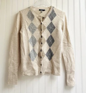 Apt. 9 Sweater Womens Small Beige Brown Argyle Cashmere Cardigan Button Up Knit - Picture 1 of 8