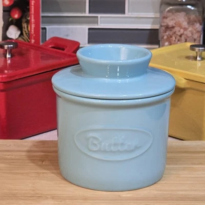Ceramic Butter Crock French Butter Keeper Light Blue Stoneware Countertop Jar - Image 1 of 4
