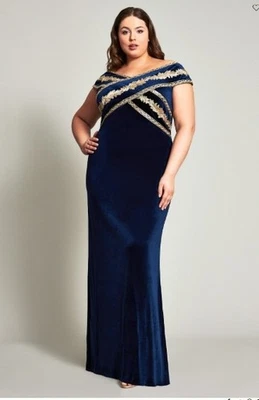 Tadashi Taman Gold Sequin Navy Velvet gown Crossover Neckline 2X - Image 1 of 3