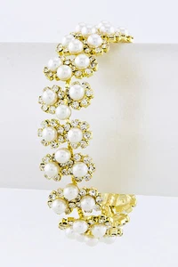 Bridal Vintage Look GP Daisy Flower Link Rhinestone Crystal Pearl Bracelet - Picture 1 of 2