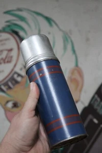 VINTAGE 1920s COBALT BLUE RED METAL THERMOS KEAPSIT CUP LID CAMPING TRAVEL - Picture 1 of 24