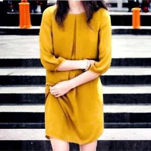 H&M A-Line Shift MOD Mini Dress Front Pleat 3/4 Sleeves Yellow Marigold Sz 4 - Picture 1 of 3