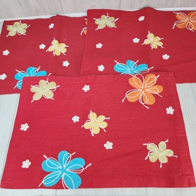 SET OF 3 - Pottery Barn Placemats 14x20 Floral Red Embroidery Stitched Spring - Image 1 of 4