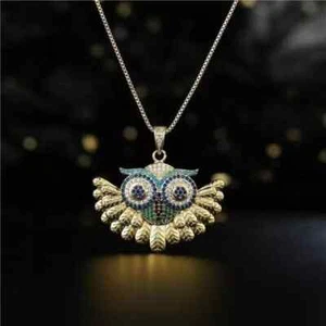 1.50Ct Round Cut Lab-Created Sapphire Emerald Owl Pendant 14k Yellow Gold Plated - Picture 1 of 4
