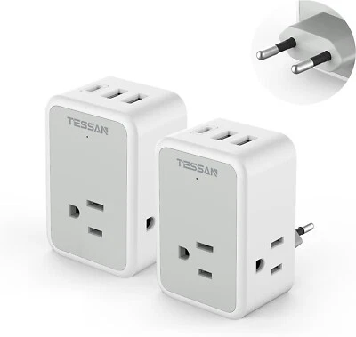 Paquete de 2 adaptadores de enchufe de viaje europeos con 3 salidas 3 USB para EE. UU. a Europa Islandia Foto 1 de 4